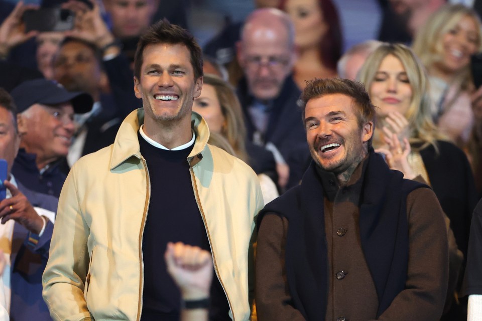 Tom Brady and David Beckham at a Birmingham City F.C. soccer match.