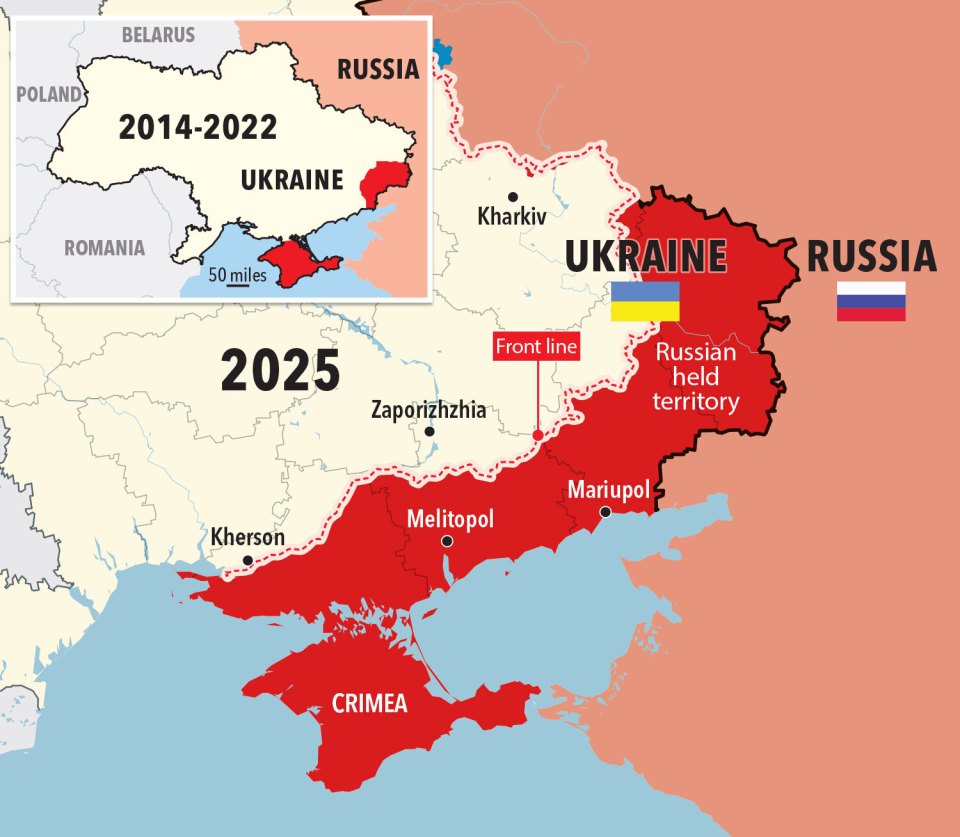 Map illustrating Russian-held territory in Ukraine in 2025.
