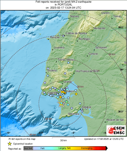 Map showing felt reports of a M4.2 earthquake in Portugal.