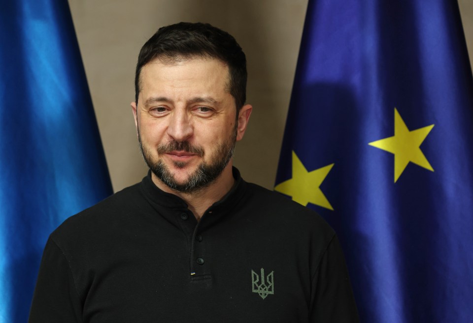 Volodymyr Zelensky standing before Ukrainian and European Union flags.