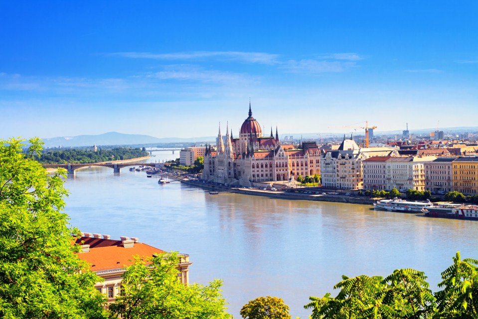 View of the Hungarian Parliament Building and Danube River in Budapest.