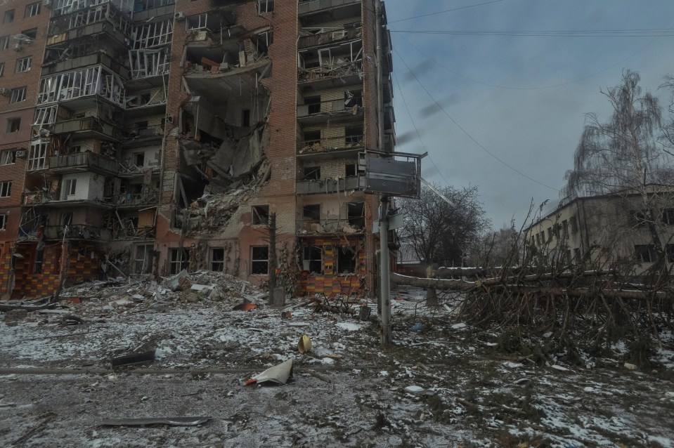 Damaged apartment building in Pokrovsk, Ukraine.