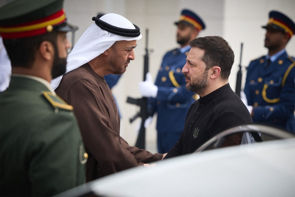 President Zelensky of Ukraine being greeted by UAE President Sheikh Mohamed bin Zayed al-Nahyan.
