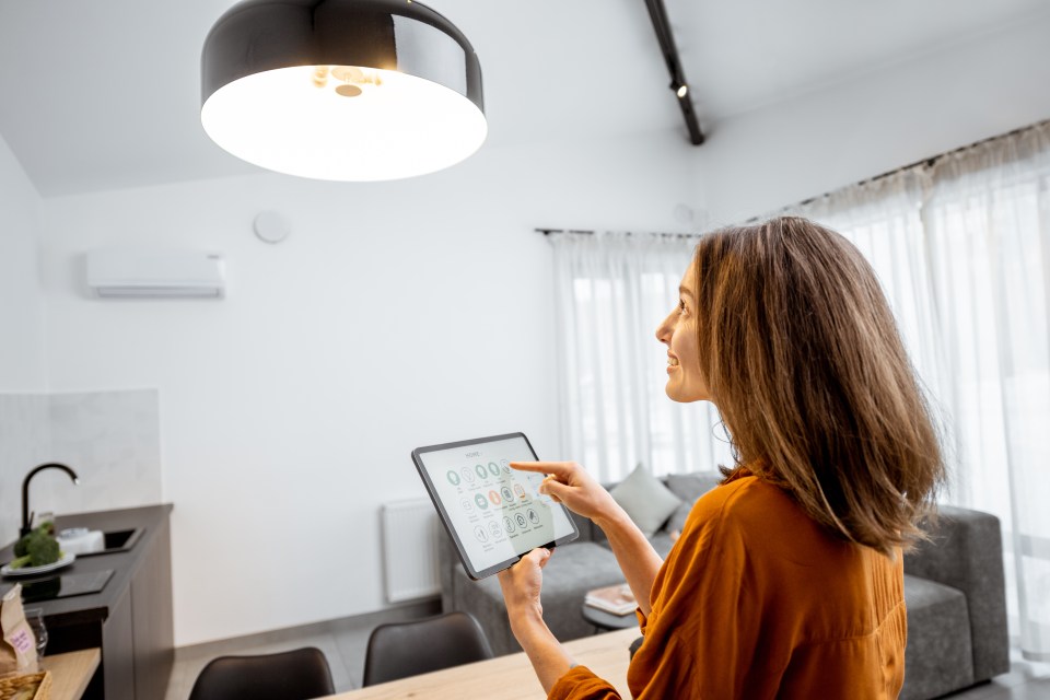 Woman using tablet to control smart home lighting.