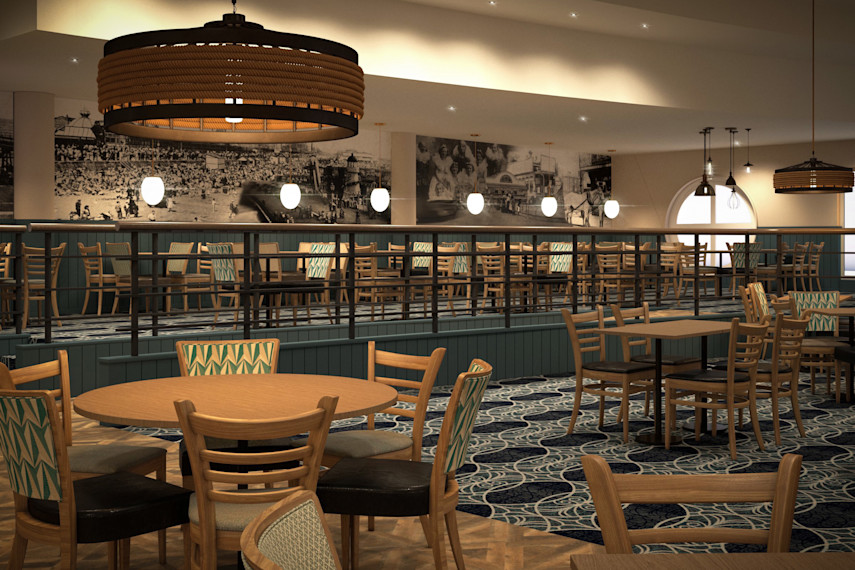 Illustration of a pub interior with wooden tables and chairs.
