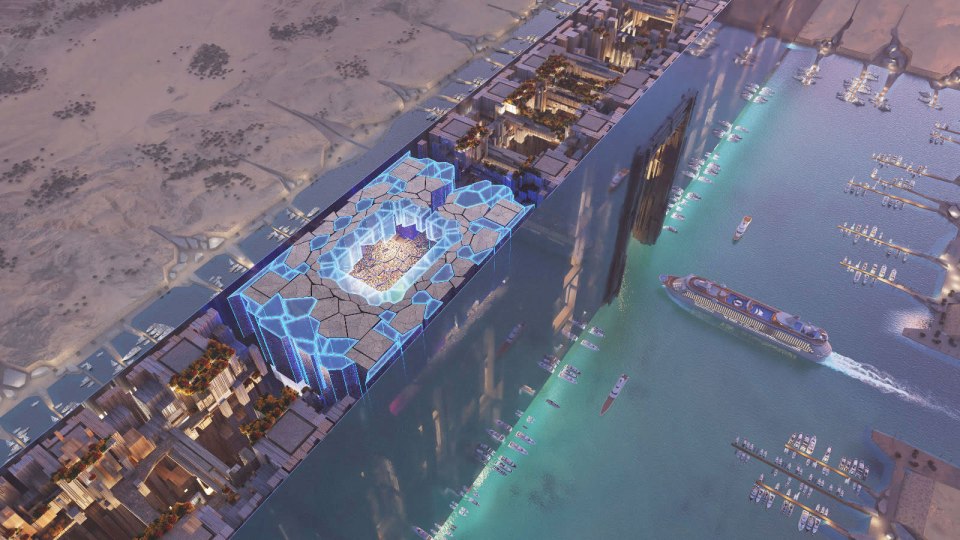 Illustration of NEOM Stadium, a high-tech stadium situated within a city.