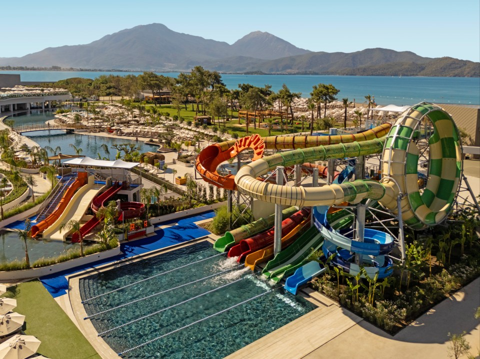 Aerial view of Liberty Signa hotel water park in Fethiye, Turkey.