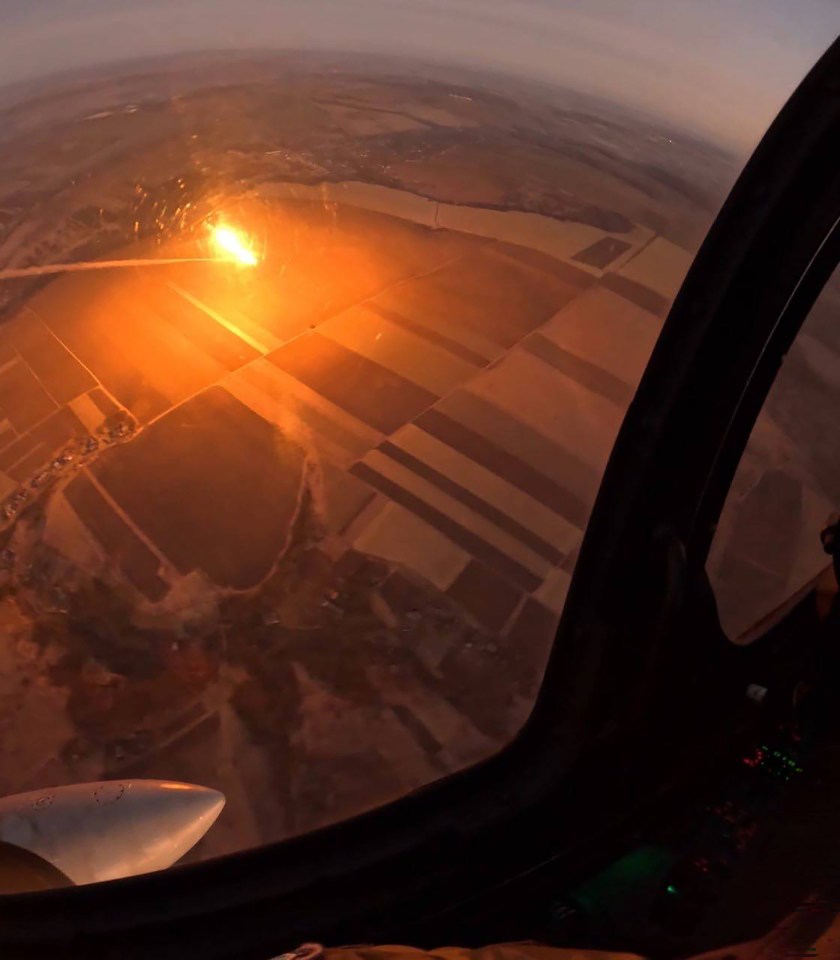 Cockpit view of a Ukrainian Air Force Mirage 2000-5 fighter jet shooting down a cruise missile.