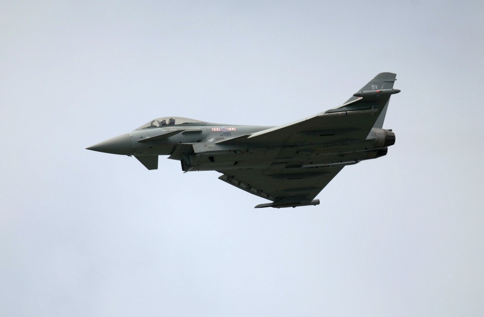 RAF Eurofighter Typhoon fighter jet in flight.