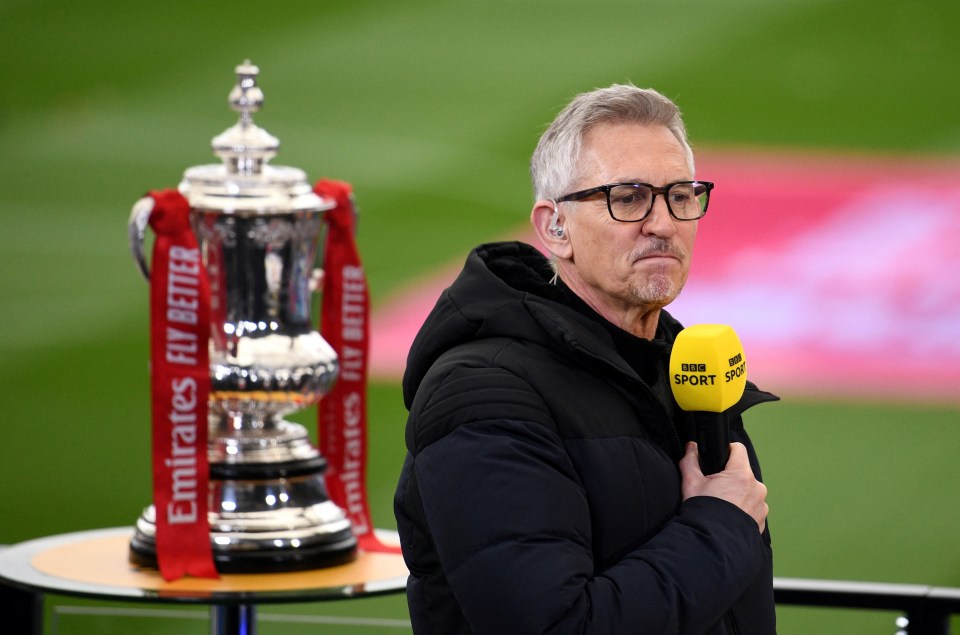 Gary Lineker giving a BBC Sport interview next to the FA Cup trophy.