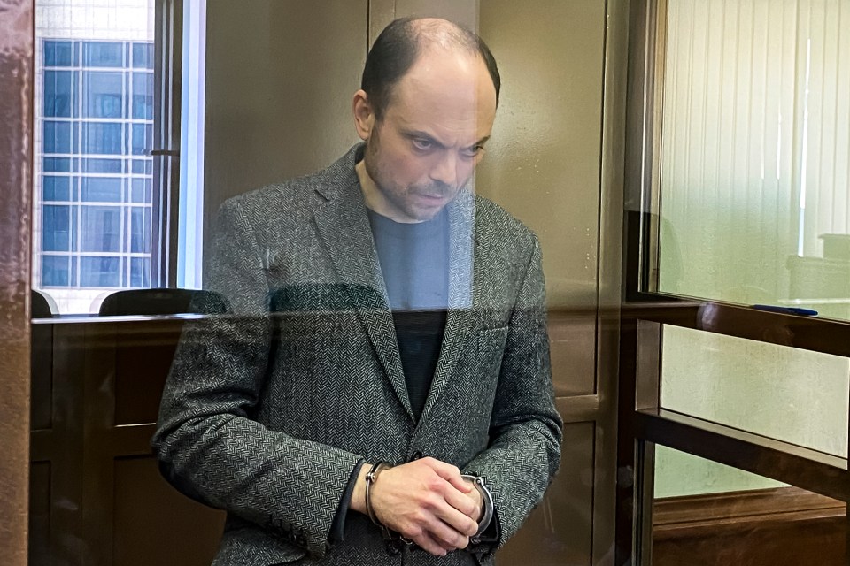 Vladimir Kara-Murza in a courtroom glass enclosure.