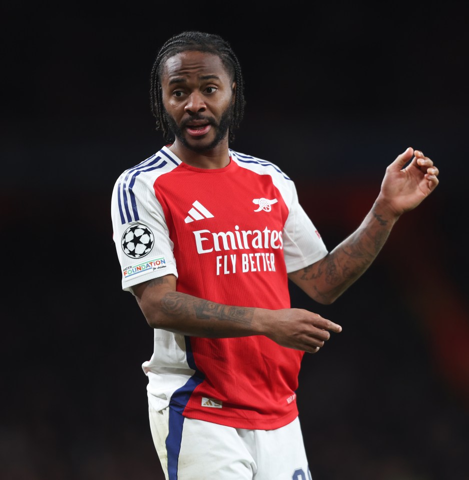 Raheem Sterling in Arsenal uniform during a Champions League match.