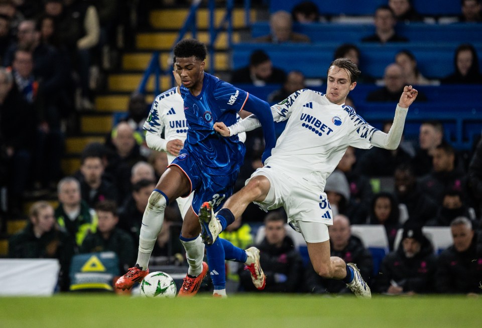 Chelsea's Josh-Kofi Acheampong and FC Copenhagen's William Clem competing for the ball.