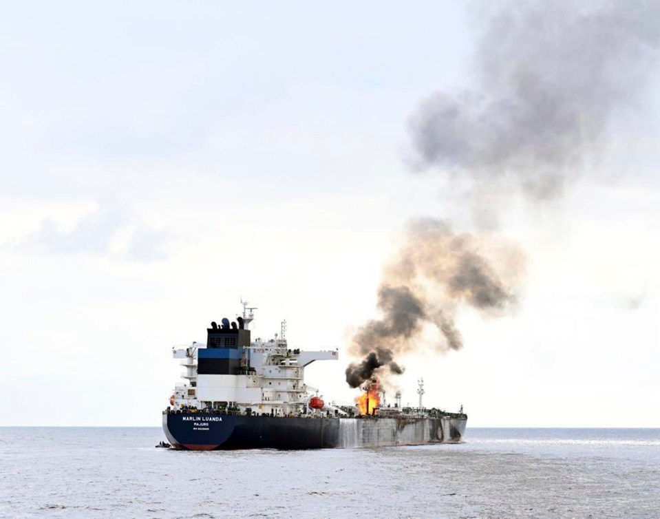 Oil tanker Marlin Luanda on fire in the Red Sea.