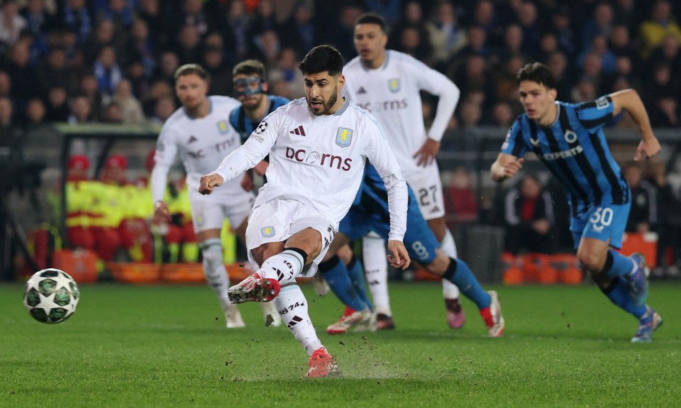 Marco Asensio of Aston Villa scoring a penalty kick.