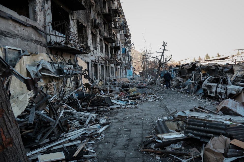 Debris and destroyed buildings in Dobropillya, Ukraine, after a Russian shelling.