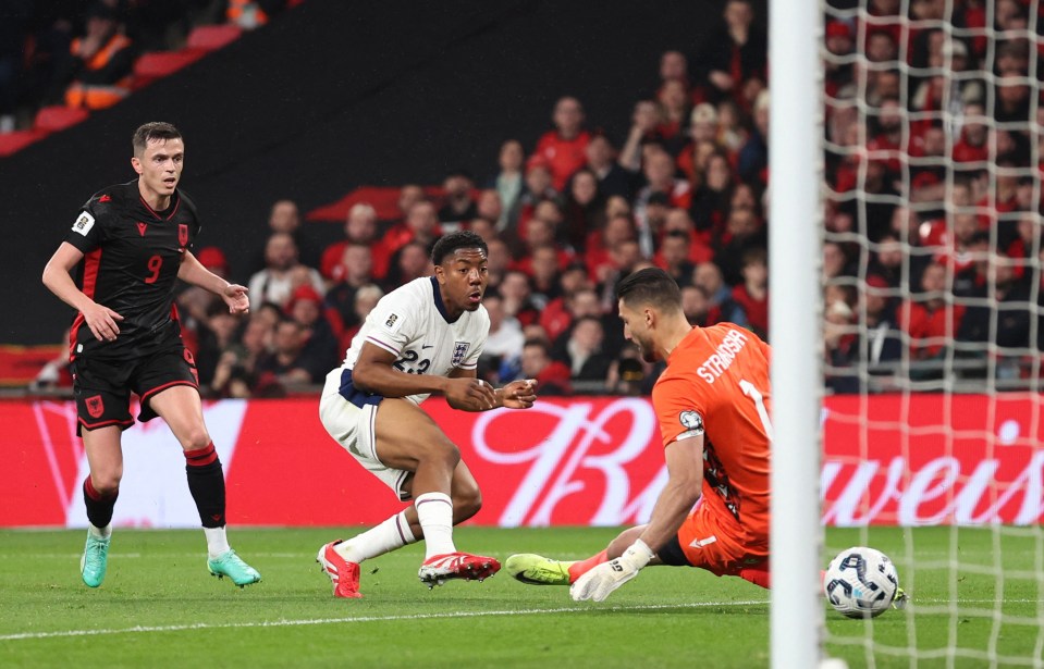 Myles Lewis-Skelly scoring a goal for England against Albania.