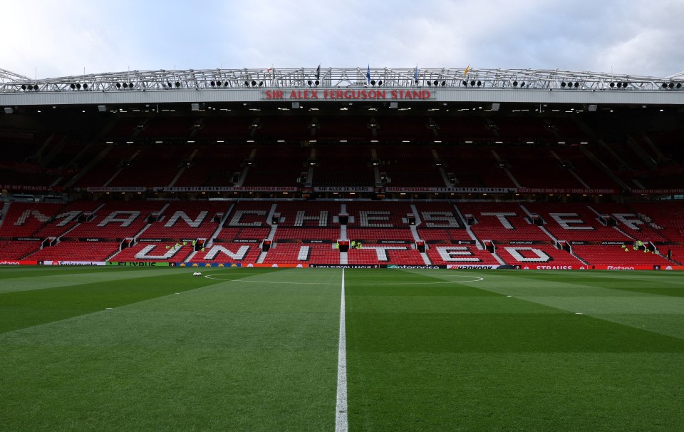 Empty Old Trafford stadium before a soccer match.