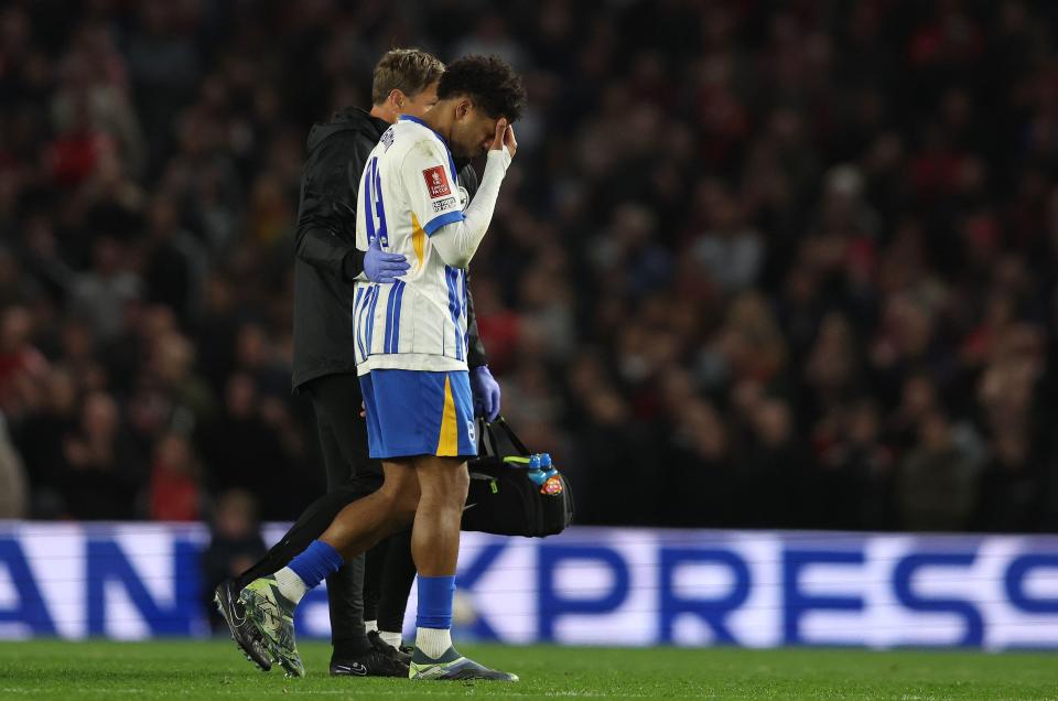 Georginio Rutter of Brighton and Hove Albion leaves the pitch with an injury.