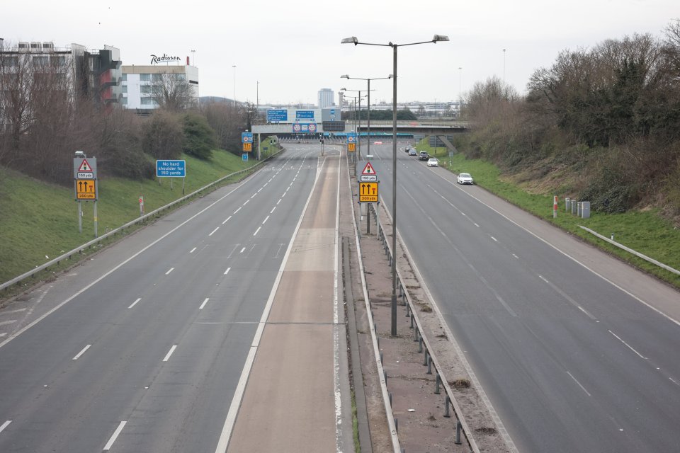 Deserted M4 highway leading to Heathrow Airport, closed due to a fire at a local electricity substation.