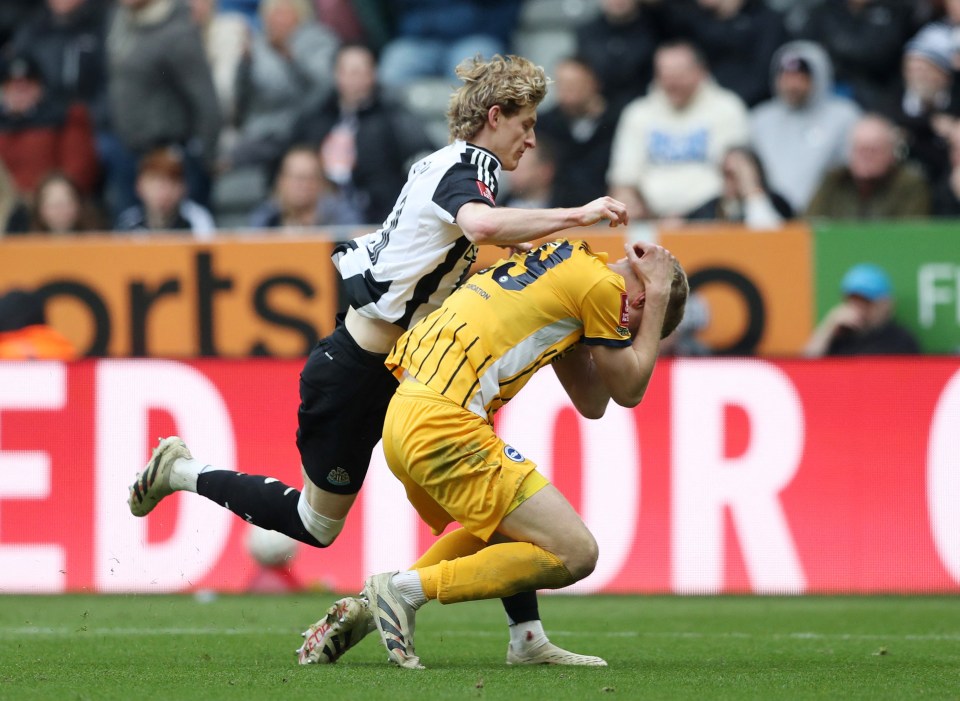 Newcastle United's Anthony Gordon tackling a Brighton player.