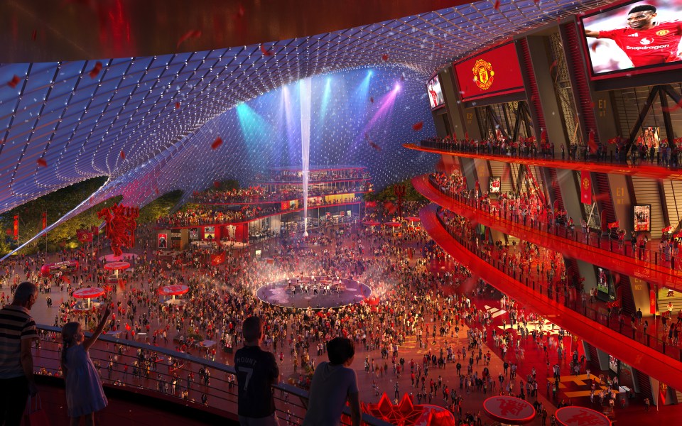 Illustration of a proposed Manchester United stadium and surrounding area.