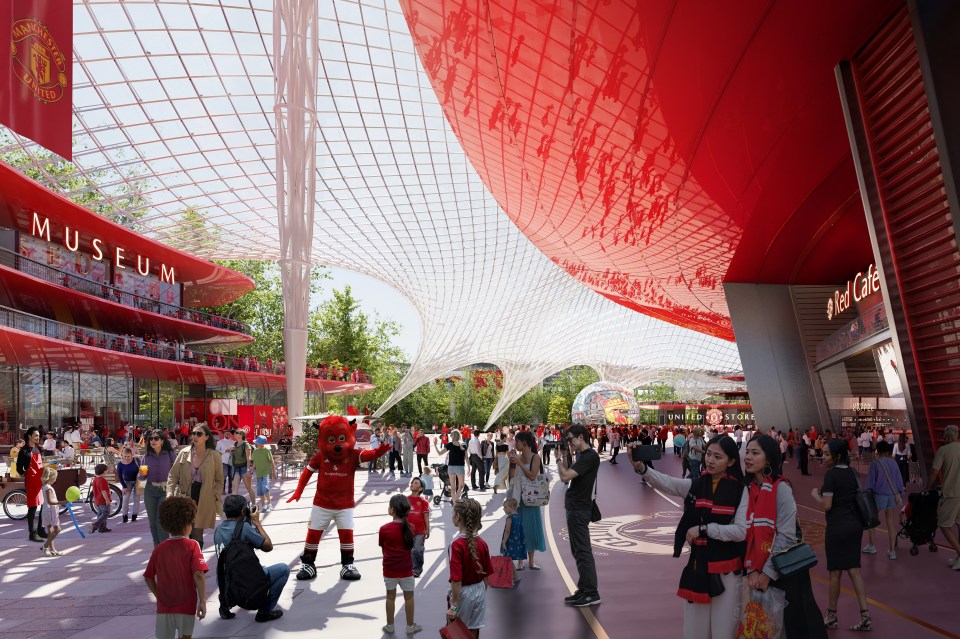 Illustration of a proposed Manchester United stadium and surrounding area.