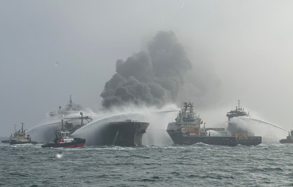 Oil tanker and cargo vessel collision with fire and rescue efforts underway.