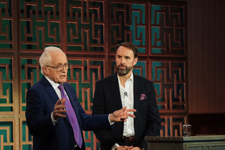 Sir Gareth Southgate giving the Richard Dimbleby Lecture, with David Dimbleby.