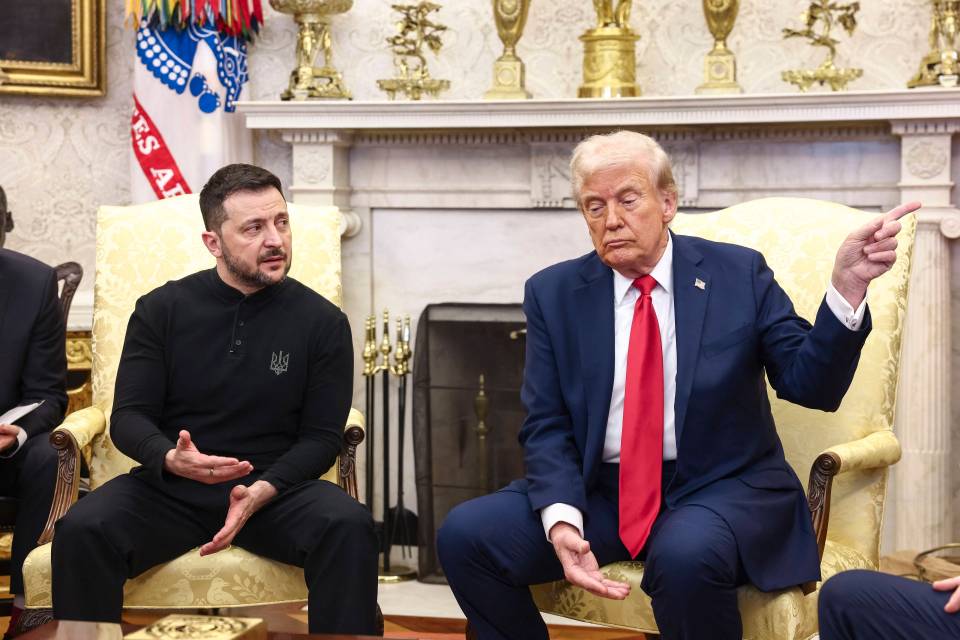 Presidents Trump and Zelenskyy meeting in the Oval Office.
