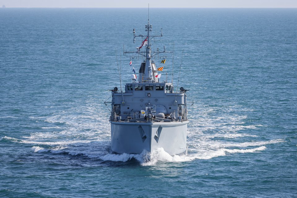 HMS Cattistock, a Royal Navy minehunter, at sea.