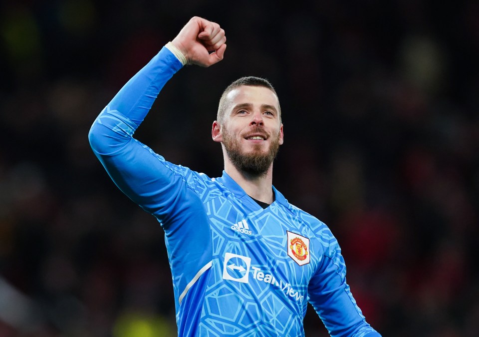 David De Gea in Manchester United goalkeeper jersey celebrating.
