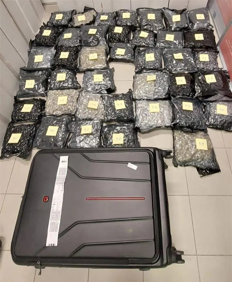Seized drugs in bags next to a suitcase.
