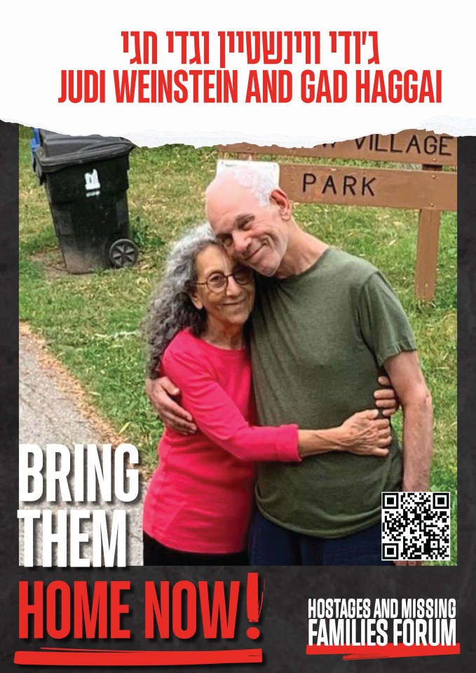 Poster of Judi Weinstein and Gad Haggai, hostages held by Hamas, urging their safe return.