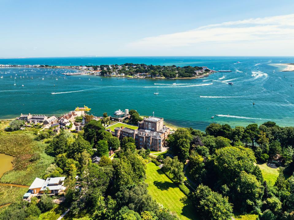 Aerial view of Brownsea Castle on Brownsea Island, Poole Harbour, Dorset.