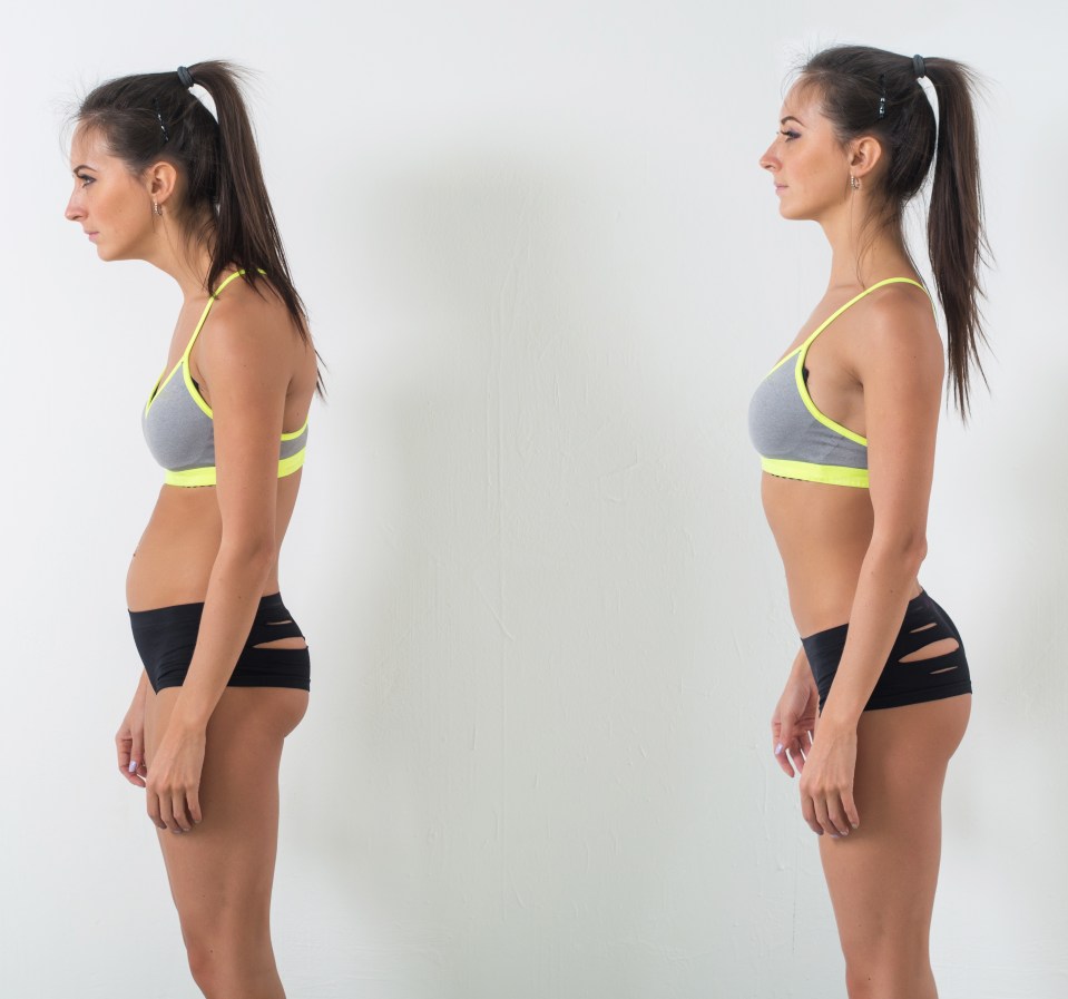 Woman demonstrating correct and incorrect posture.