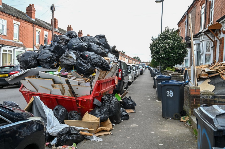 Overflowing bins and rubbish piled on a residential street due to a bin workers' strike.