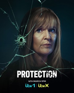 Poster for the TV show "Protection" showing a woman behind cracked glass.