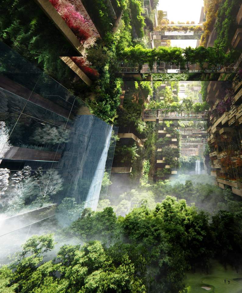 Illustration of a futuristic megacity with lush greenery integrated into its design.