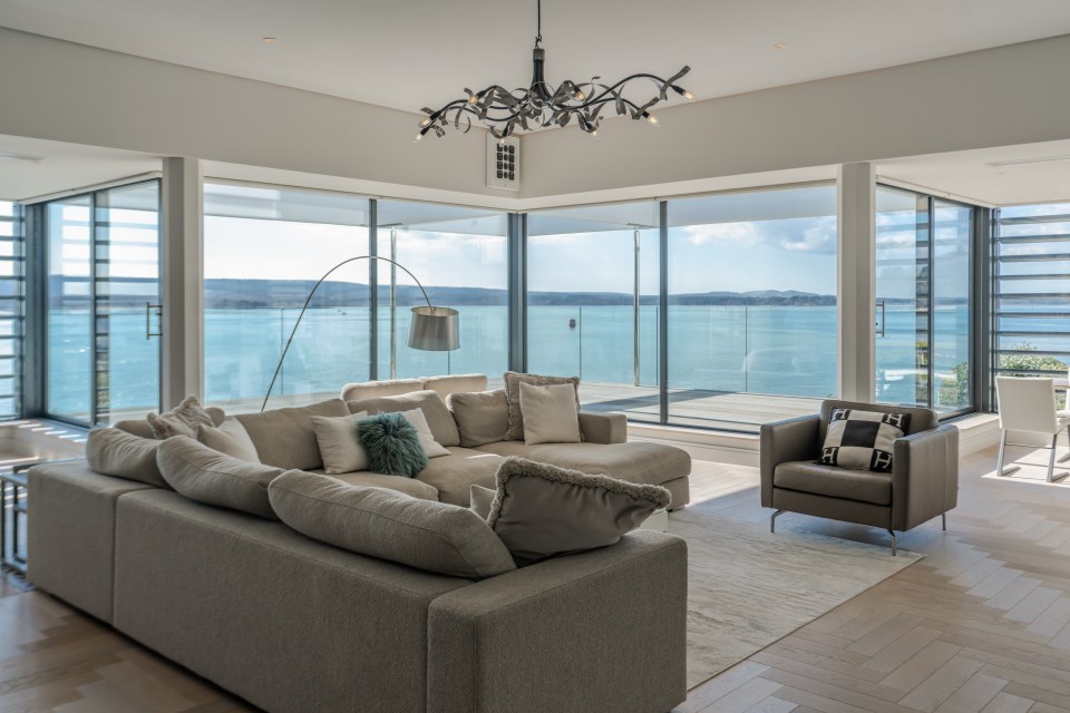 Living room with water view.