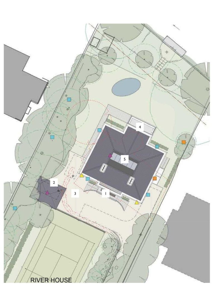 Illustration of Ricky Gervais's proposed neoclassical home design and site plan.