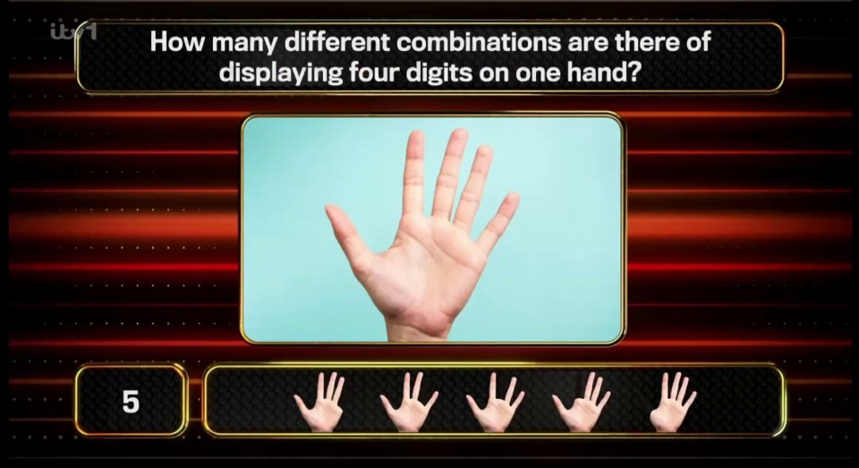 Quiz show question: How many ways are there to display four digits on one hand?