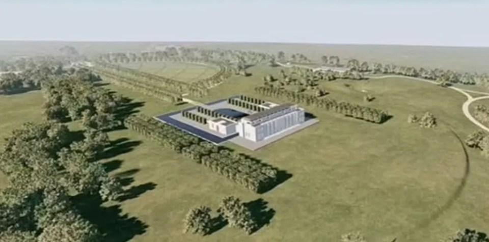 Aerial illustration of a building complex in a park-like setting.