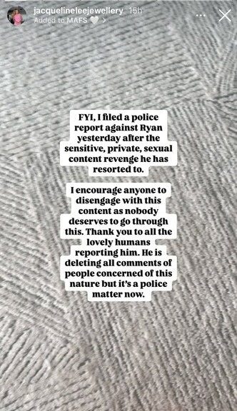 Instagram post announcing a police report filed against Ryan for sexual content revenge.