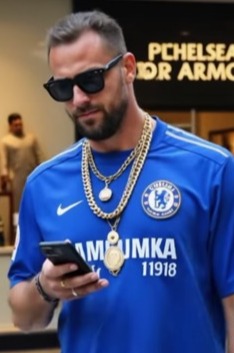 Man in Chelsea jersey and gold chains.