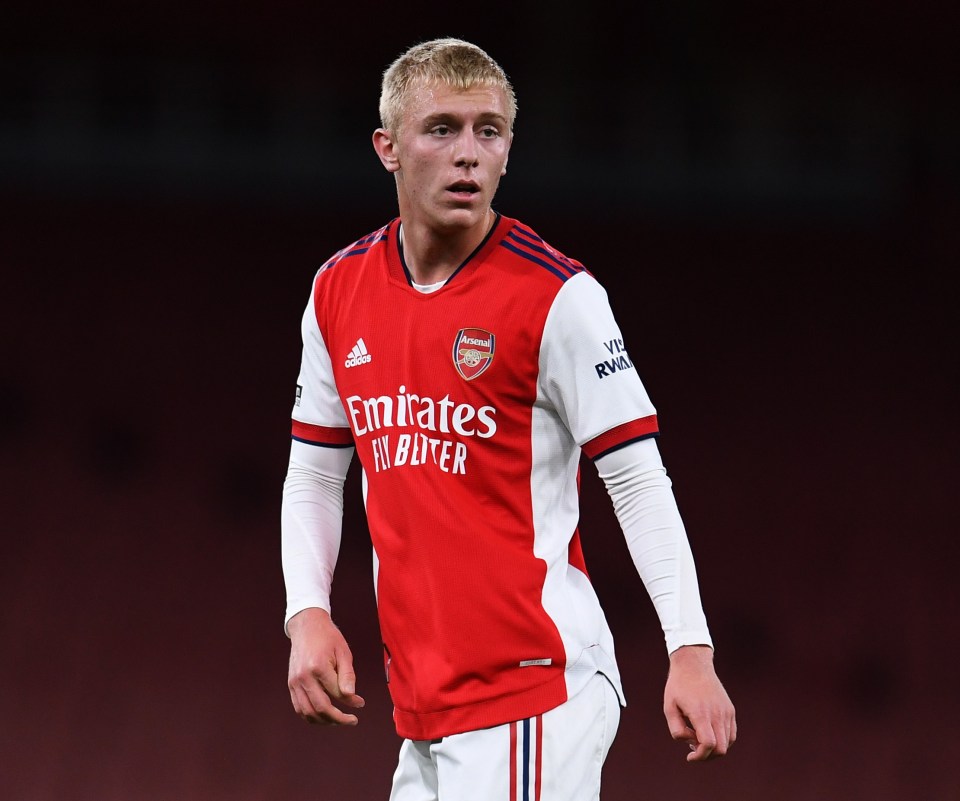 Mika Biereth of Arsenal in uniform on a soccer field.