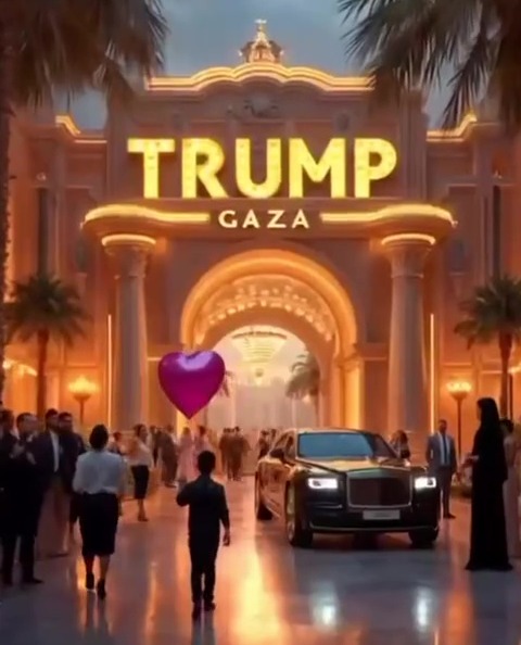 Illustration of a Trump Gaza entrance with a Rolls Royce and people.