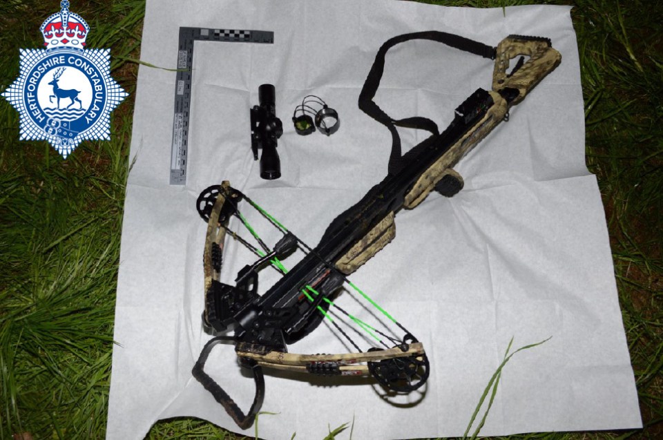 Crossbow, scope, and other accessories laid out on a white surface.