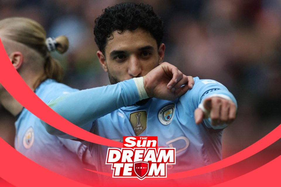 Manchester City player celebrating, The Sun Dream Team logo.