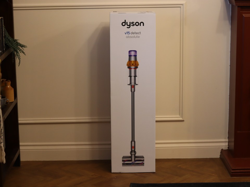Dyson V15 Detect Absolute vacuum cleaner in its box.